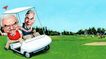 Click here to go to the Touchline Tales web page. Image: Humourous image of Des Lynam and Christopher Matthew on a golf buggy